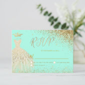 RSVP Quinceañera, Glitters Gown, Faux Gold+Mint Kaart (Staand voorkant)