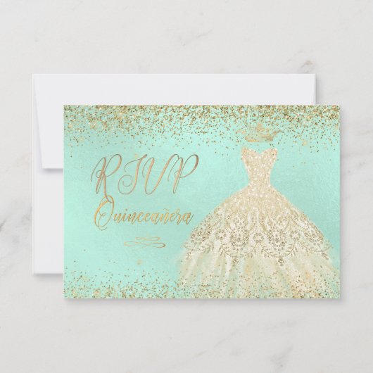 RSVP Quinceañera, Glitters Gown, Faux Gold+Mint Kaart (Achterkant)