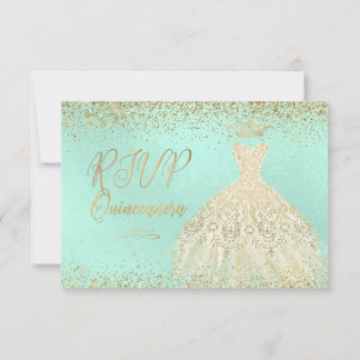 RSVP Quinceañera, Glitters Gown, Faux Gold+Mint Kaart