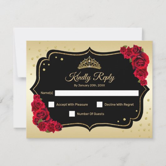 RSVP Quinceanera Party - Gold Black Red Card Kaart (Voorkant)