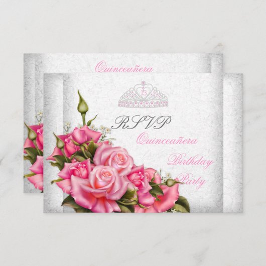 RSVP Quinceanera  Roze Rozen Wit 15e (Voorkant / Achterkant)