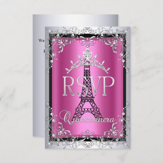 RSVP Quinceanera Roze Zilveren Tiara Eiffeltoren (Voorkant / Achterkant)