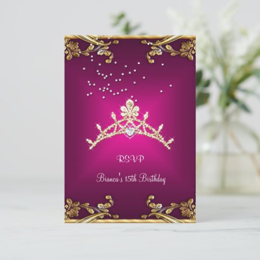 RSVP Quinceanera Verjaardag Roze Tiara Gold Diamon (Staand voorkant)