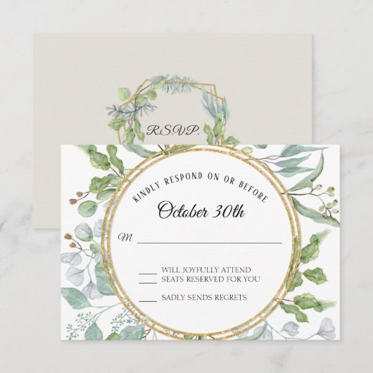 RSVP-reactie Eucalyptus Gouden Krans Blad Kaart (Voorkant / Achterkant)