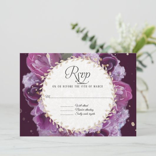 RSVP-reactie Lavendel Paarse Bloemige Blad Krans Kaart (Staand voorkant)