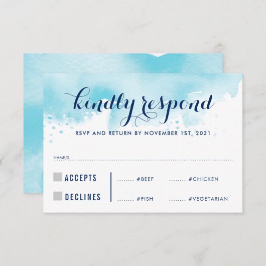 RSVP REACTIE Moderne blauwe waterverf maaltijden (Voorkant / Achterkant)