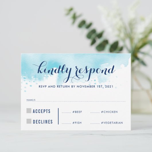 RSVP REACTIE Moderne blauwe waterverf maaltijden Kaartje (Staand voorkant)