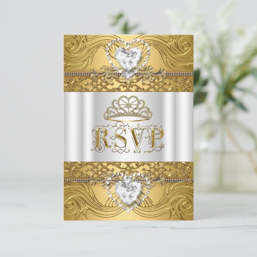 RSVP Reactie Reactie Wit Goud Quinceanera (Staand voorkant)