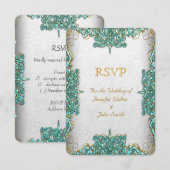 RSVP-reactie Trouw Ornate Wit Teal Blauw Kaart (Voorkant / Achterkant)