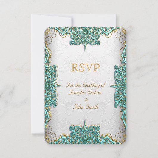 RSVP-reactie Trouw Ornate Wit Teal Blauw Kaart (Voorkant)