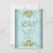 RSVP-reactie Trouw Teal Blauw Goud Damast RSVP Kaartje (Voorkant)
