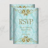 RSVP-reactie Trouw Teal Blauw Goud Damast RSVP Kaartje (Voorkant / Achterkant)