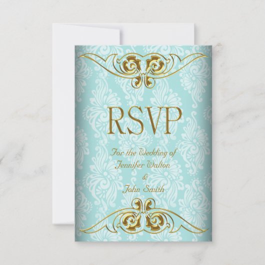 RSVP-reactie Trouwfeest Teal Blauw Goud Damast RSVP Kaartje (Voorkant)