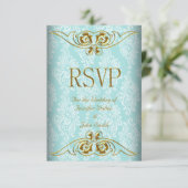 RSVP-reactie Trouwfeest Teal Blauw Goud Damast RSVP Kaartje (Staand voorkant)
