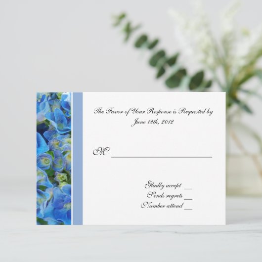 RSVP, reactiekaart, blauwe hydrangea RSVP Kaartje (Staand voorkant)