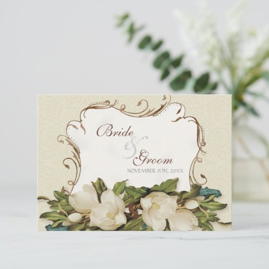 RSVP-reactiekaart Magnolia Swirls Damask RSVP Kaartje (Staand voorkant)