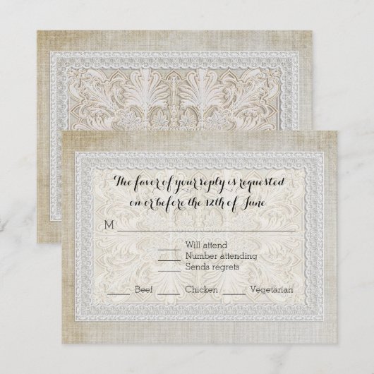 RSVP-reactiekaart Rustic Lace Aged  Linen RSVP Kaartje (Voorkant / Achterkant)