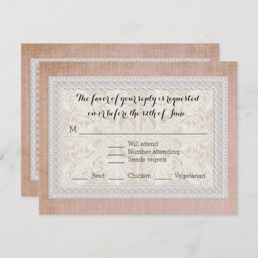RSVP-reactiekaart Rustic Lace Aged Linen RSVP Kaartje (Voorkant / Achterkant)