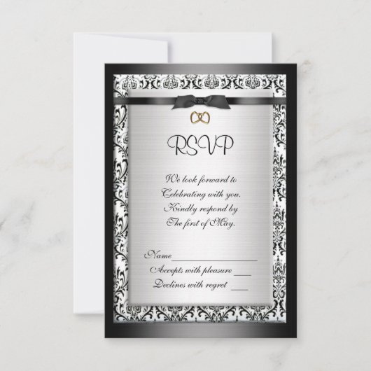 Rsvp-reactiekaart zwart-wit Damask Kaart (Voorkant)