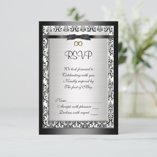 Rsvp-reactiekaart zwart-wit Damask Kaart (Staand voorkant)