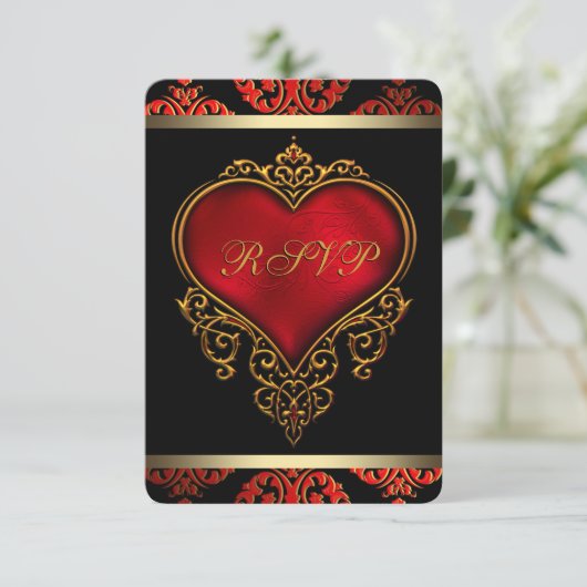 RSVP Red Black and Gold Wedding Kaart (Staand voorkant)