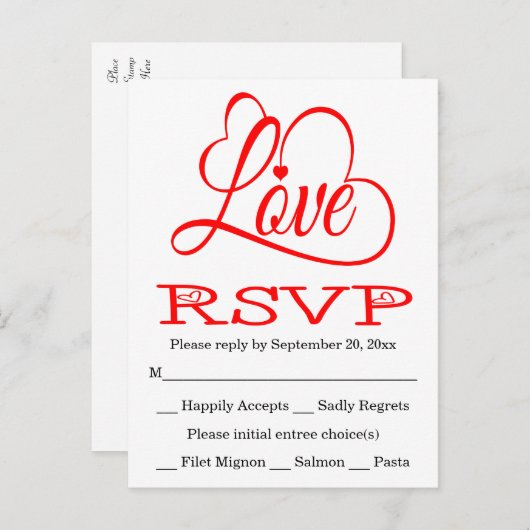 RSVP Red en White Love Hearts Weddenschap/Party Ca Uitnodiging Briefkaart (Voorkant / Achterkant)