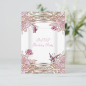 RSVP Reply Party Roze Roos Witte Vlinder (Staand voorkant)