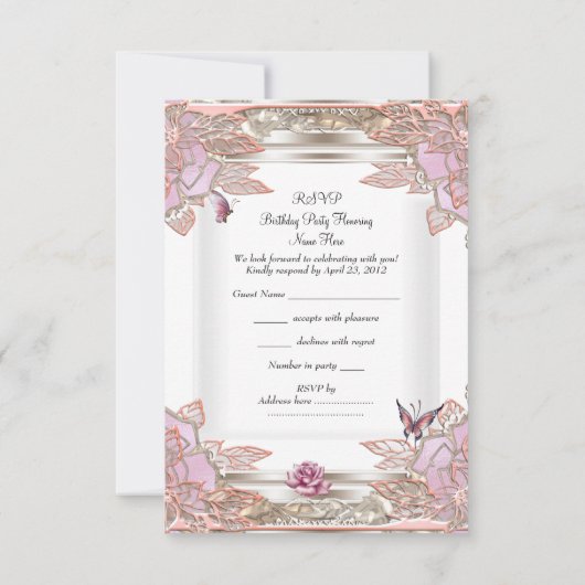 RSVP Reply Party Roze Roos Witte Vlinder (Achterkant)
