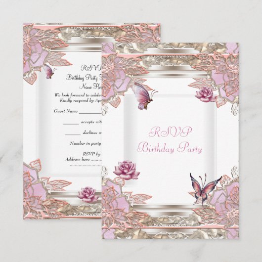 RSVP Reply Party Roze Roos Witte Vlinder (Voorkant / Achterkant)
