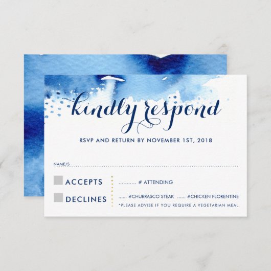 RSVP REPLY RESPONSE klasse navy blue waterverf (Voorkant / Achterkant)