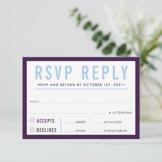 RSVP REPLY RESPONSE modern bold eggplant blue Kaartje (Staand voorkant)