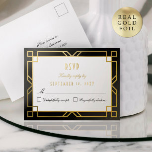 RSVP Respons Art Deco Classic Zwart Goud Briefkaar Folie Feestdagen Briefkaart