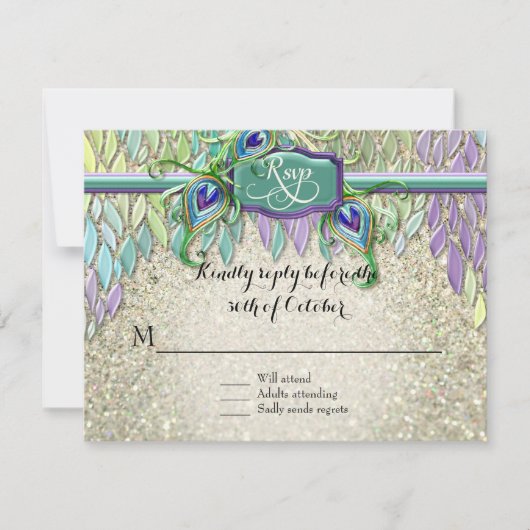 RSVP Respons Art Deco Peacock Feathers Script Art (Voorkant)