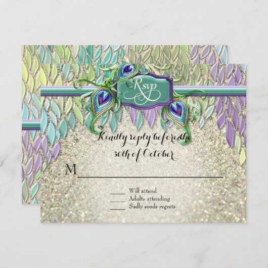 RSVP Respons Art Deco Peacock Feathers Script Art (Voorkant / Achterkant)