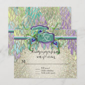 RSVP Respons Art Deco Peacock Feathers Script Art Kaartje (Voorkant / Achterkant)