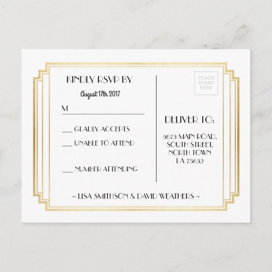 RSVP Respons Huwelijk Briefkaart Art Deco Gold (Achterkant)