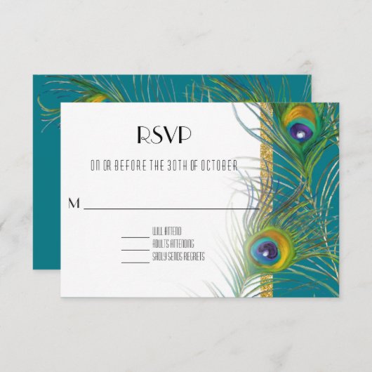 RSVP Respons Kaart Peacock Feathers Art Deco Style (Voorkant / Achterkant)