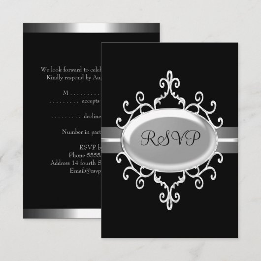 RSVP Respons Kaart Zwart Zilveren Juweel (Voorkant / Achterkant)