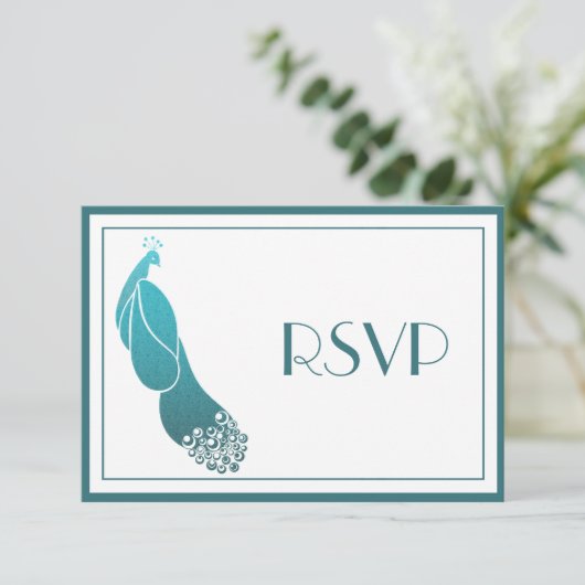 RSVP Respons Kaarten Art Deco Peacock in Blauwgroe (Staand voorkant)