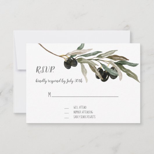 RSVP Respons Olive Leaf Branch Waterverf Artwork Kaartje (Voorkant)