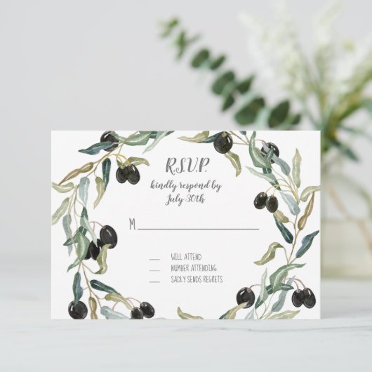 RSVP Respons Olive Leaf Wreater Waterverf Artwork Kaartje (Staand voorkant)