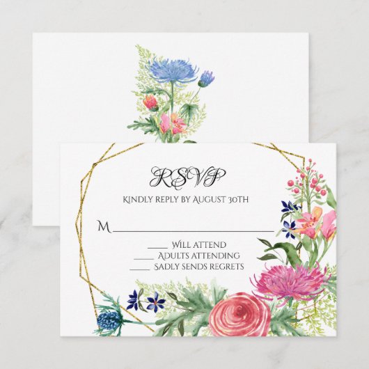 RSVP Respons Waterverf Bloemblauw Roze Varens Kaartje (Voorkant / Achterkant)