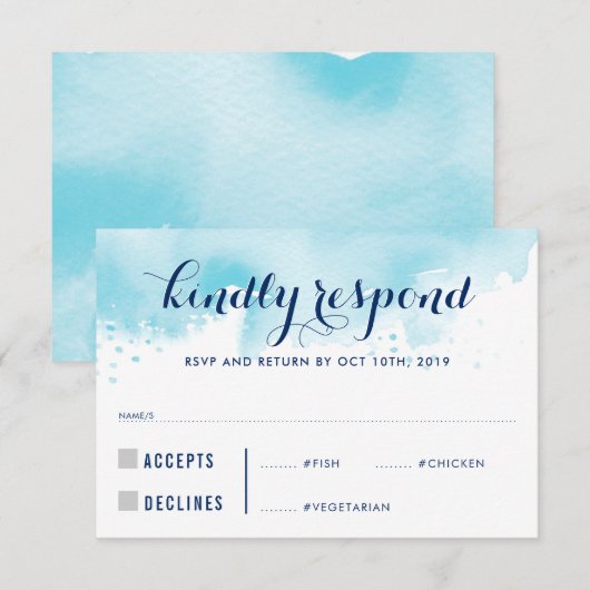 RSVP RESPONSE Blauwe waterverf Volwassen maaltijde (Voorkant / Achterkant)