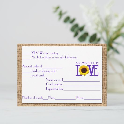 RSVP Response Burlap en Sunflower Paars (Staand voorkant)