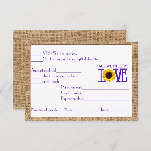RSVP Response Burlap en Sunflower Paars (Voorkant / Achterkant)