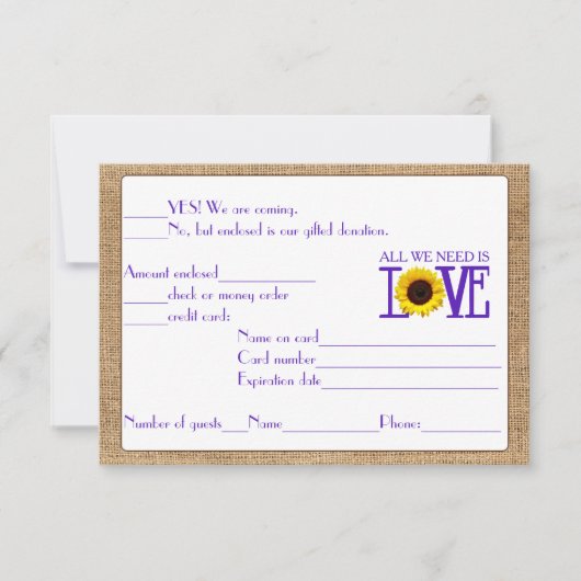 RSVP Response Burlap en Sunflower Paars Kaartje (Voorkant)