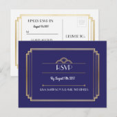 RSVP Response Huwelijk Briefkaart Art Deco Navy Go (Voorkant / Achterkant)
