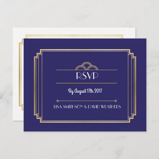 RSVP Response Huwelijk Briefkaart Art Deco Navy Go (Voorkant / Achterkant)
