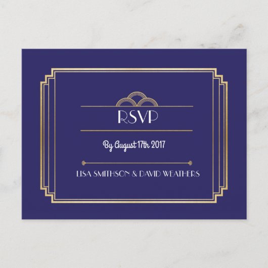 RSVP Response Huwelijk Briefkaart Art Deco Navy Go (Voorkant)