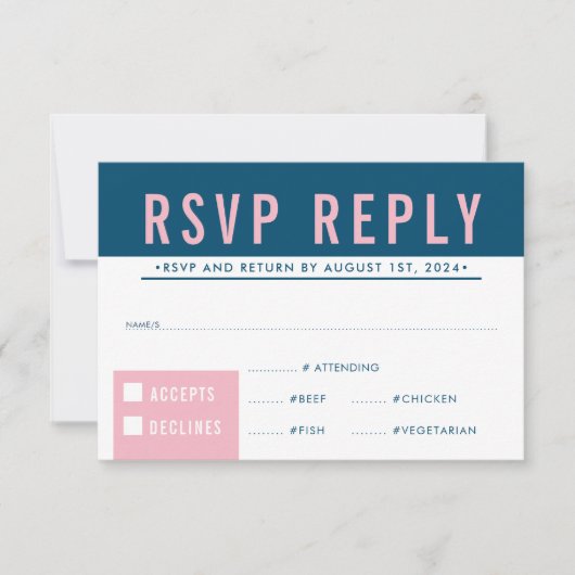 RSVP RESPONSE modern bloktype blauw roze Kaartje (Voorkant)